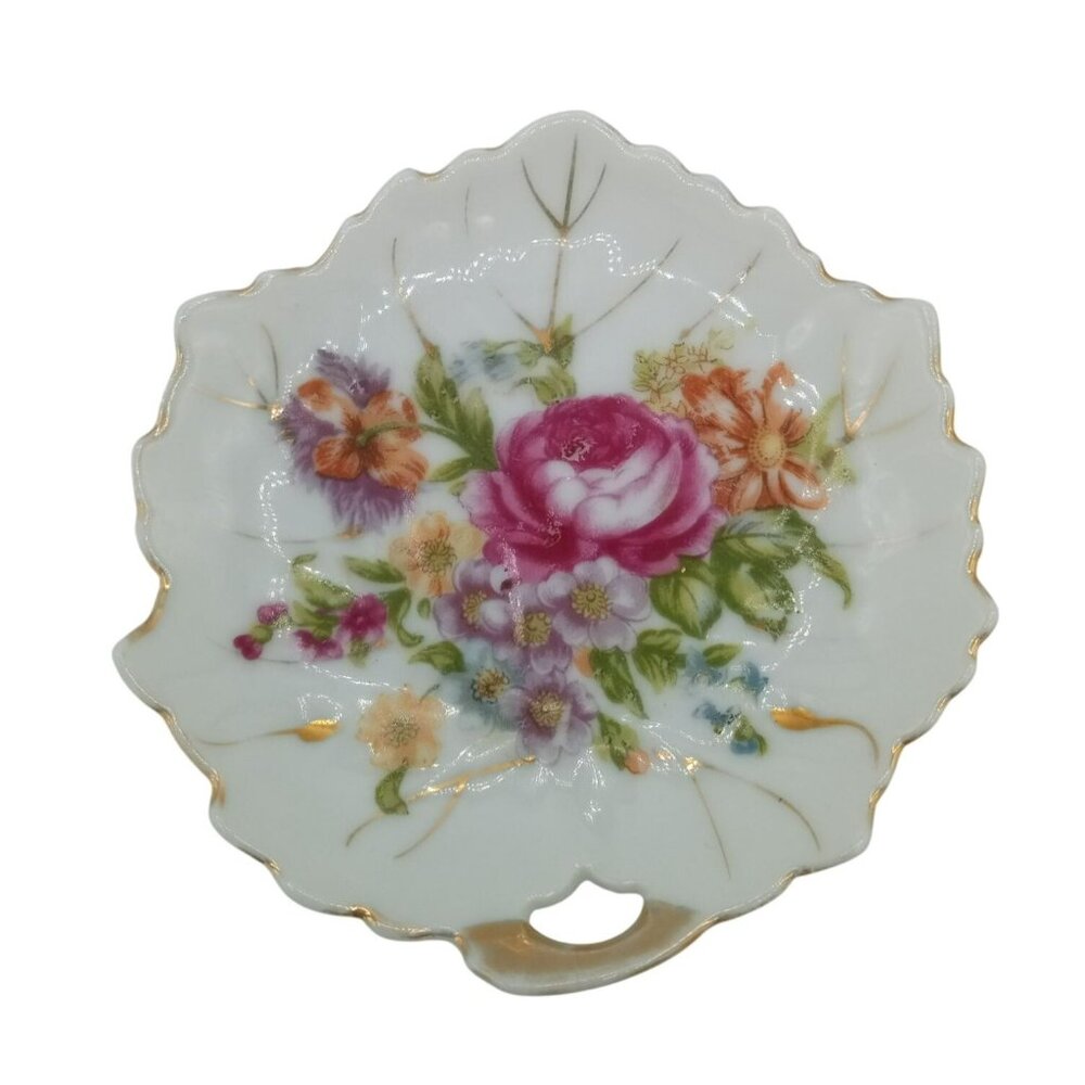 Trinket Tray Floral Leaf-Shaped Porcelain Dish Nasco Gold Trim Vintage 4" Japan